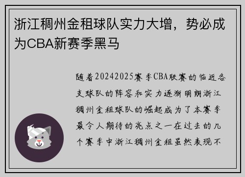 浙江稠州金租球队实力大增，势必成为CBA新赛季黑马